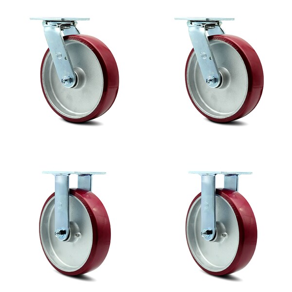 8 Inch Poly on Aluminum Caster Set with Ball Bearings 2 Swivel 2 Rigid SCC
